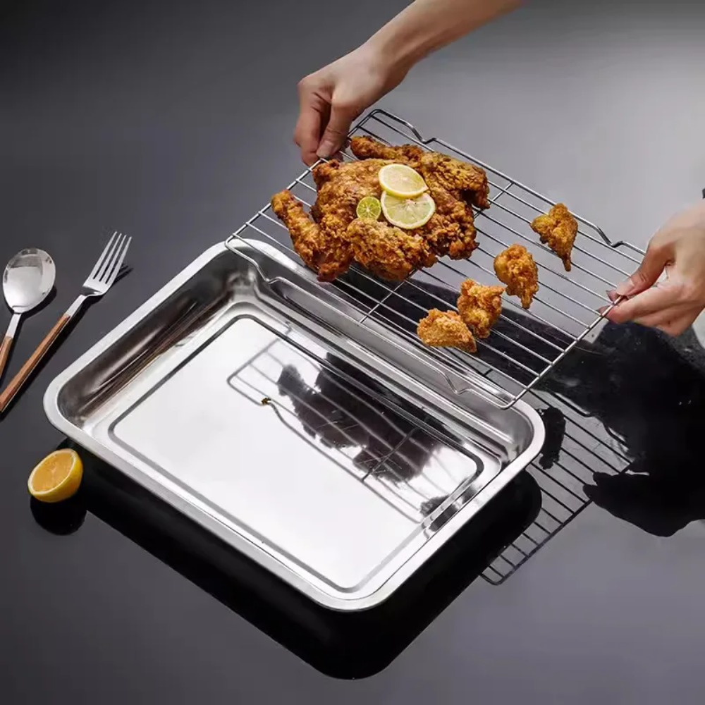 Kitchen Baking Tray Rack - ステンレス製ベーキングトレイ（冷却ラック付き）深型パン、油切りグリッド付き、揚げ物、ベーキング、ロースト、キッチンサービングトレイセット