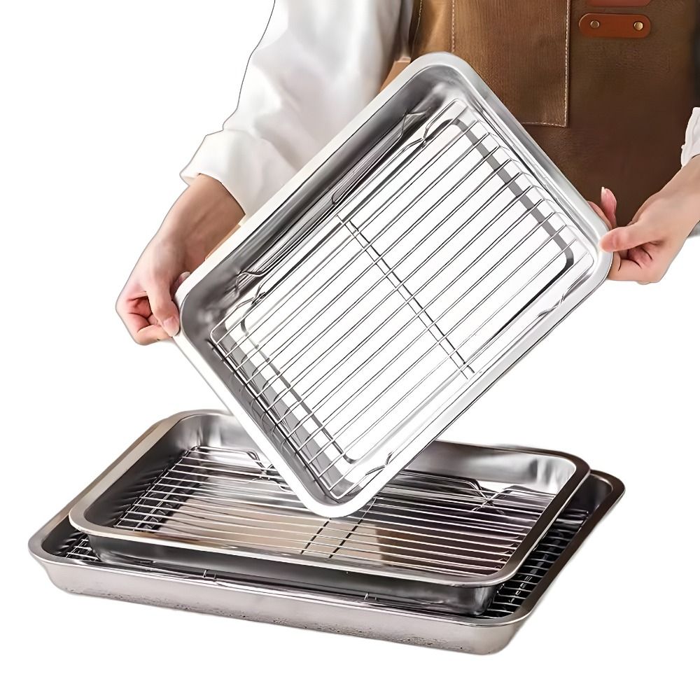 Kitchen Baking Tray Rack - 持ち運び可能なノンスティックステンレス製ベーキングパン、取り外し可能な正方形BBQトレイ、冷却ラック付きオーブンラック、調理・ロースト用