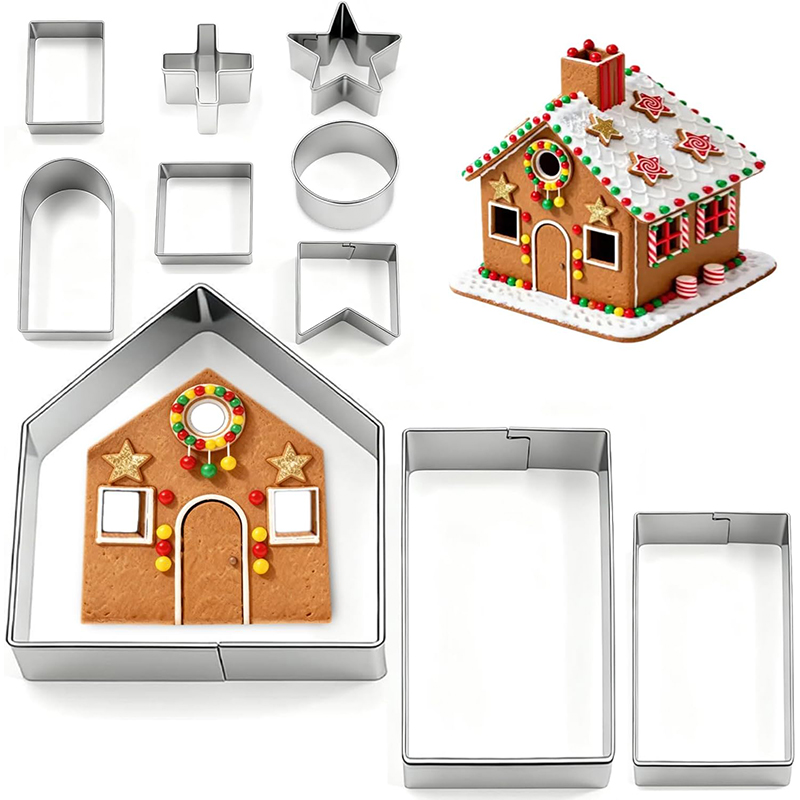 Cookie Cutter Set - 10個入りジンジャーブレッドハウス型抜き型セット ステンレス製3Dビスケットカッター 3DジンジャーブレッドハウスDIYクッキー型作り用
