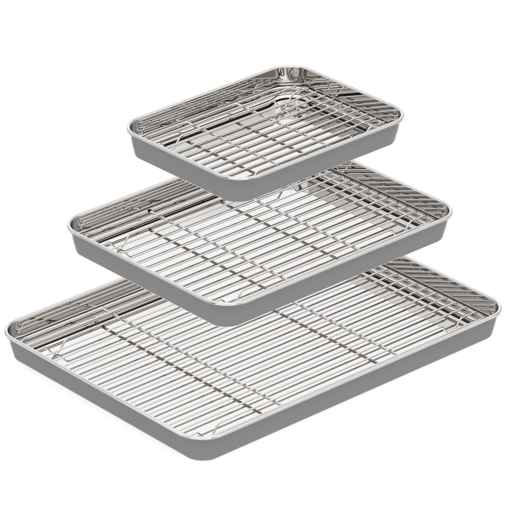 Kitchen Baking Tray Rack - ワイヤーラック付きステンレス製ベーキングシート、均一加熱耐久性のあるデザートパン用トレイ、冷却ラック＆サービングプラッターキッチン用