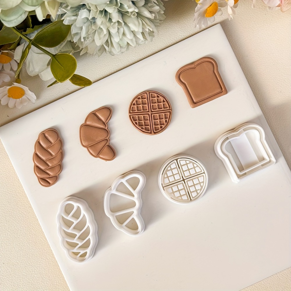 Cookie Cutter Set - 4個入りパン型クッキーカッターセット、クロワッサン、トースト、ワッフル、編み込みパン型、ベーキング、フォンダン、クリスマスギフト用